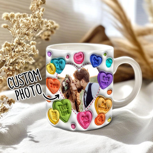 Personalized Couple Photo With Heart Pattern 3D Inflated Mug Gift for Lover