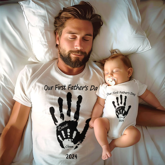 Personalized Our First Father’s Day Handprint Father T-Shirt Gift for Dad