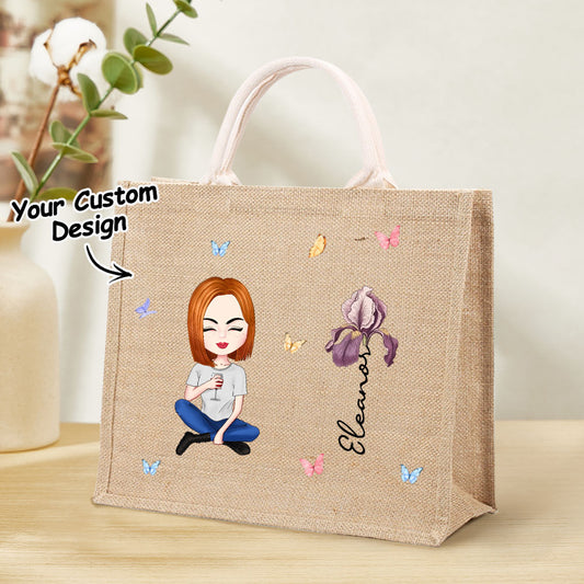 Personalized Cartoon Women Girl Birth Flower Grandma's Garden Jute Tote Bag with Name Wedding Birthday Gift for Her