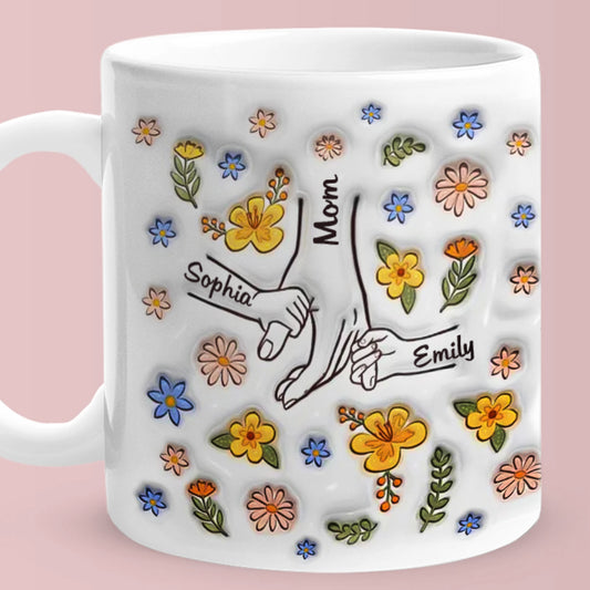 Personalized Names Engraved Hand in Hand Mug with Floral Mother's Day Gifts