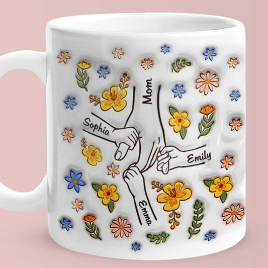 Personalized Names Engraved Hand in Hand Mug with Floral Mother's Day Gifts