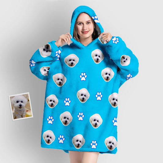 Custom Face Blanket Pajama Personalized Blanket Hoodie Gift for Women Pet Paw