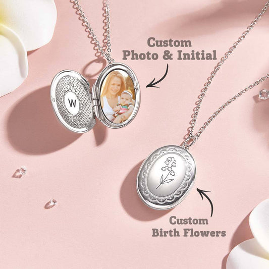 Personalized Birth Flower Locket Necklace with Photo Necklace Jewelry Gift for Her