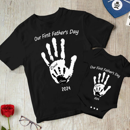 Personalized Our First Father’s Day Handprint Father T-Shirt Gift for Dad